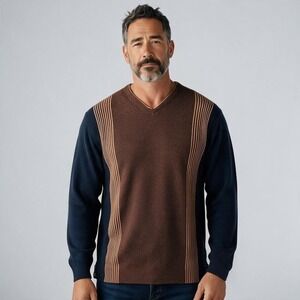 TEHAMA TORREY PINES Mens V-Neck Golf Sweater Large Cotton Cashmere Brown Black